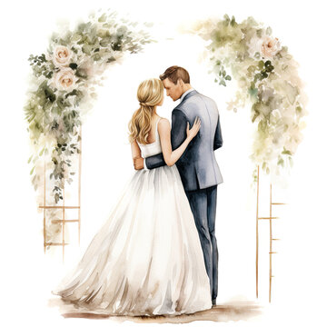 recommend clip art: Watercolor Groom and Bride Under Romantic Archway Painting. Wedding Clip art, Isolated on White.