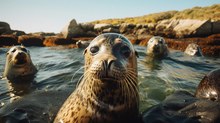 Naklejka premium A group of seals basking in the sun. AI Generative.