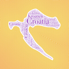 Croatia shape formed by country name in multiple languages. Croatia border on stylish striped gradient background. Vibrant poster. Superb vector illustration.