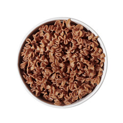 Brown pasta fusilli noodle in wooden bowl isolated on white, close up