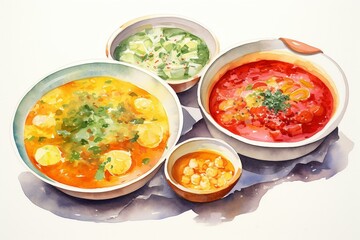 Painted watercolor illustration of soup and three dishes. Generative AI