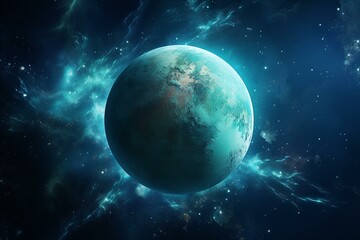 Obraz na płótnie Canvas An Earth-like alien planet shown in a space wallpaper. Generative AI
