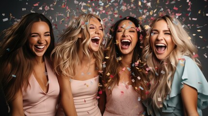 Fototapeta premium Group of girls celebrating, falling confetti. Generative AI