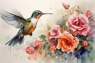 Watercolor painting of a hummingbird with flowers and roses in a landscape. Generative AI