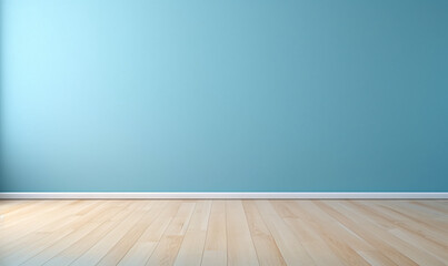 Empty light blue wall with wooden floor. Minimalist background for product display, mock up