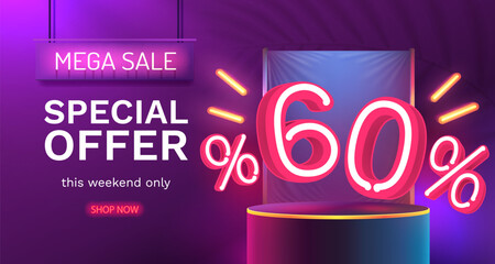 Fototapeta premium Mega sale special offer, Neon 60 off sale banner. Sign board promotion. Vector illustration