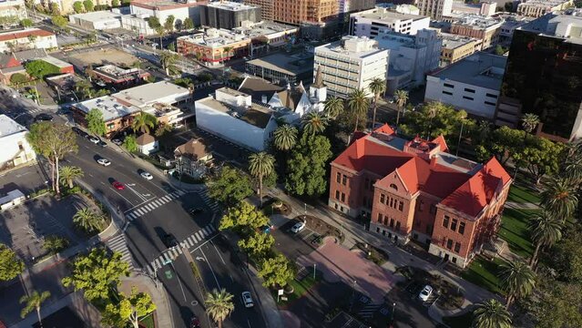 Sunset view of the historic core of downtown Santa Ana, California, USA.