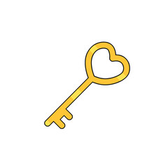 Golden Heart Key Icon for valentines day. Old Medieval love symbol isolated on white background