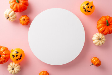 Modernized Halloween themed layout. Top view capturing thematic elements: small carved pumpkins on...