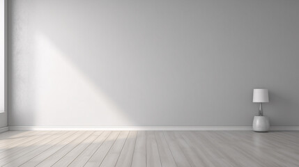 gray empty wall with wooden floor with glare from the window. Interior background for the presentation.

