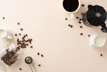 Aromatic Coffee Affair: Top-down view showcasing scattered coffee beans, espresso cup, cream and milk jars, barista's spoon, and kettle against a gentle beige backdrop with space for advert