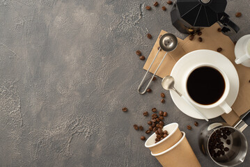 Aroma Awakening: Top-down view image of scattered coffee beans, espresso cup, to-go paper cups,...