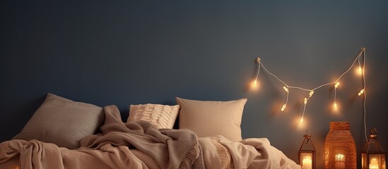 Trendy room design with pillows, cozy knitted blankets, and light bulb garlands as background. Copy space.