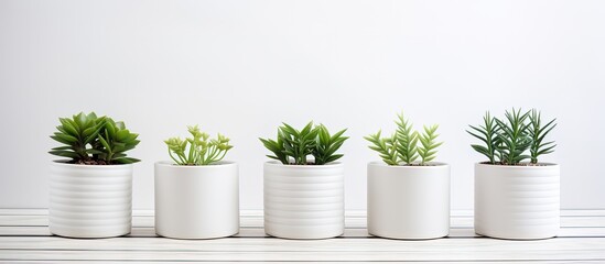 White wooden background with stylish flowerpots, perfect for home decor and text.