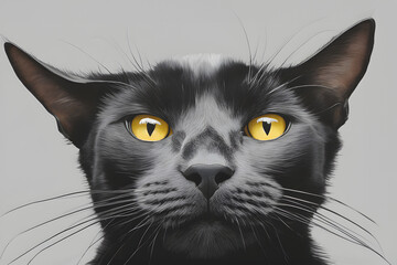 close up portrait of a black cat on a gray background