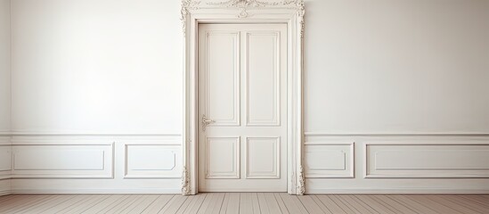 Retro-style white wooden door with ornate handles in empty apartment.