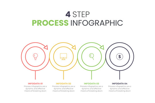 Business infographics. Timeline with 4 steps, circles, rings. Vector linear infographic element.
