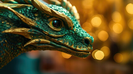 Obraz premium Close up view of head of green wooden dragon figurine on sparkling glitter blurry bokeh background is symbol of year 2024