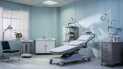 a dermatologist's examination room, showcasing the comfortable examination bed and medical instruments