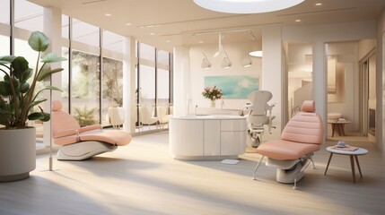a dentist's waiting area, showcasing comfortable chairs and a reception desk with a welcoming atmosphere
