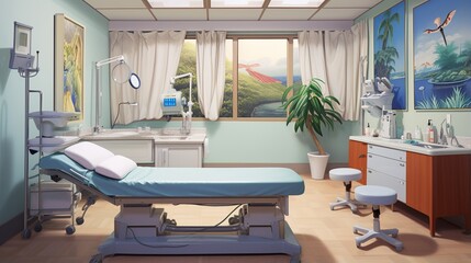 a dermatologist's examination room, showcasing the comfortable examination bed and medical instruments