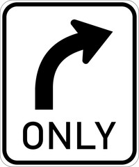 Vector graphic of a usa Right Turn Only highway sign. It consists of the wording Only and an arrow curved to the right contained in a white rectangle