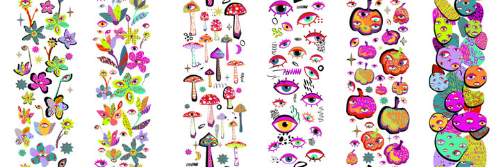 Set of vertical seamless border with pimpkins, eyes, flowers and mushrooms
