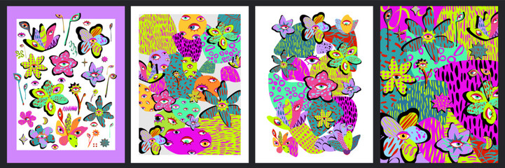 Funny abstract colourful flowers and spots with eyes, Set of neon colored posters