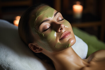 Young beautiful woman having mask procedure in spa centre