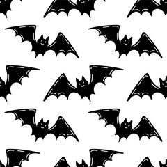 Seamless pattern with bats. Vector pattern with Bats for Halloween. Various minimalistic black bats highlighted on a white background.