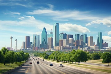 Fototapeta na wymiar Impressive urban panorama showcasing Dallas downtown with iconic highway, park, and the renowned Reunion Tower. Generative AI