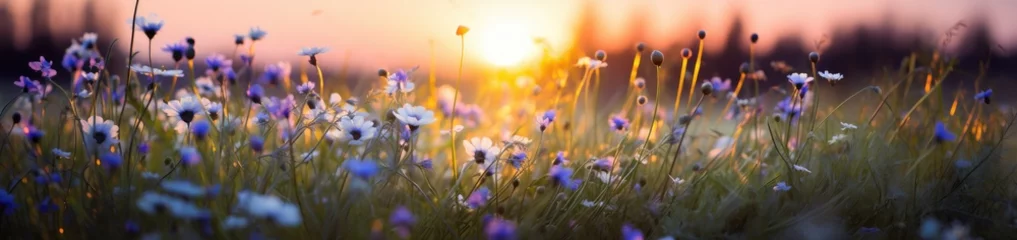 Tuinposter flowers and grass in a countryside at sunset time springtime Generative AI © sean