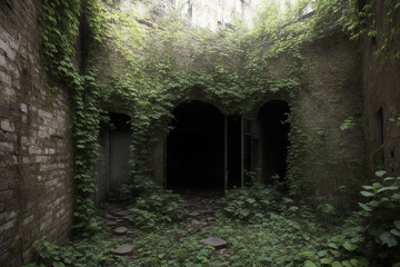 A timeless image of a ruin covered with moss and tropical palnts - AI Generative