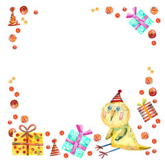 A cartoon bird, a chicken, sits surrounded by gifts and confetti. Watercolor illustration isolated on a white background. Frame for invitations, greetings or postcards. Clipart for printing.