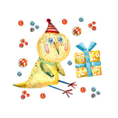 Cartoon bird, chicken with gifts. Watercolor illustration isolated on a white background. Suitable for birthday, holiday, name day, for invitations.