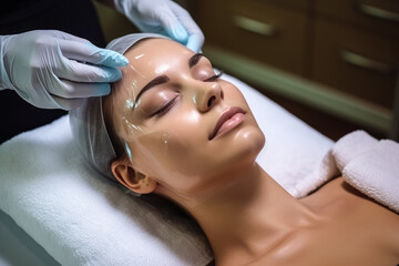 Obraz na płótnie Canvas Young beautiful woman having mask procedure in spa centre
