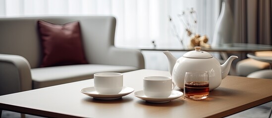 Fototapeta na wymiar Tea set on table in small apartment.