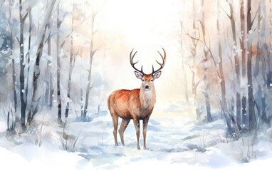 Watercolor winter background with deer