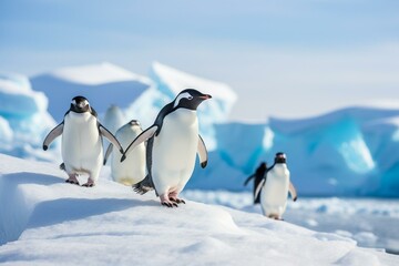 penguins walking on snow. Generative AI - Powered by Adobe