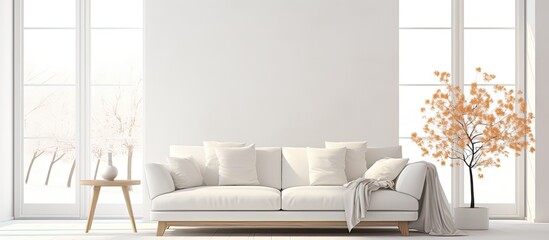 Minimalist Scandinavian interior design with a white sofa in a stylishly illustrated room.