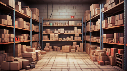 Obraz premium Warehouse with racks filled with cardboard boxes on shelves, created with Generative AI Technology.