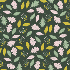 Seamless pattern with autumn leaves and berries. Fall background. Perfect for wallpaper, wrapping paper, textile, web page background, greeting cards. Vector illustration.