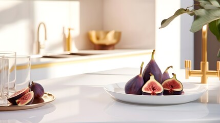 Figs on a plate on a table. Modern bright kitchen.