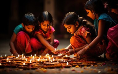 burning traditional diya lamps lit during Diwali celebrations. Festival of Lights. victory of good over evil.