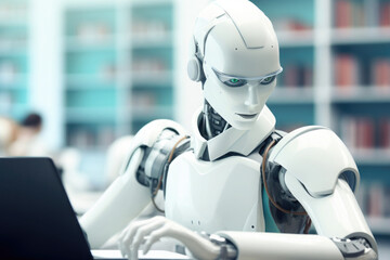 A humanoid robot studies with a laptop in a futuristic library. Using advanced AI technology, it processes data  while circuits and neural networks continually optimize it.