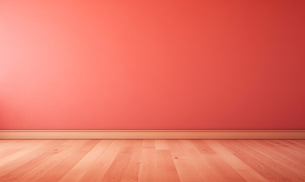 Minimal abstract light red background with wooden floor interior for product presentation. Minimal product display
