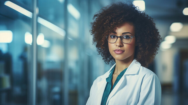 A female african american scientist portrait: A woman dressed in a lab coat, works in her Lab. She embodies innovation and academic professionalism. Bright abstract lab background.