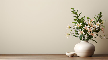 vase with plant on the empty table with white background for product display