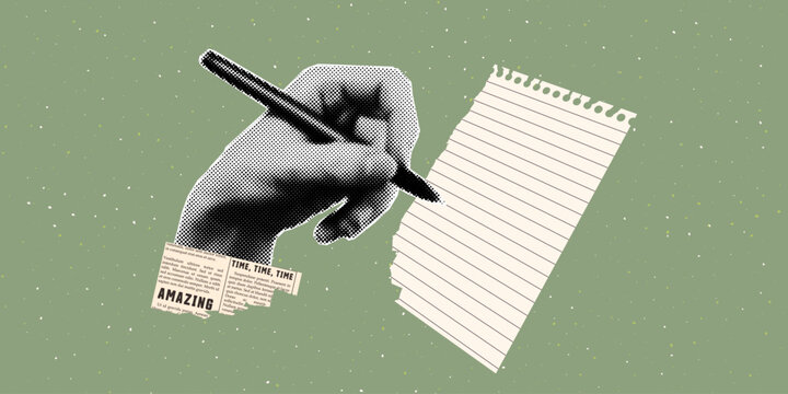 Halftone hand writes on notebook sheet. Trendy retro style. The concept of writing goals and plans.