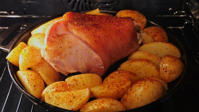 Cooking roasted pork knuckle with potatoes in the oven. Close up. Time lapse 